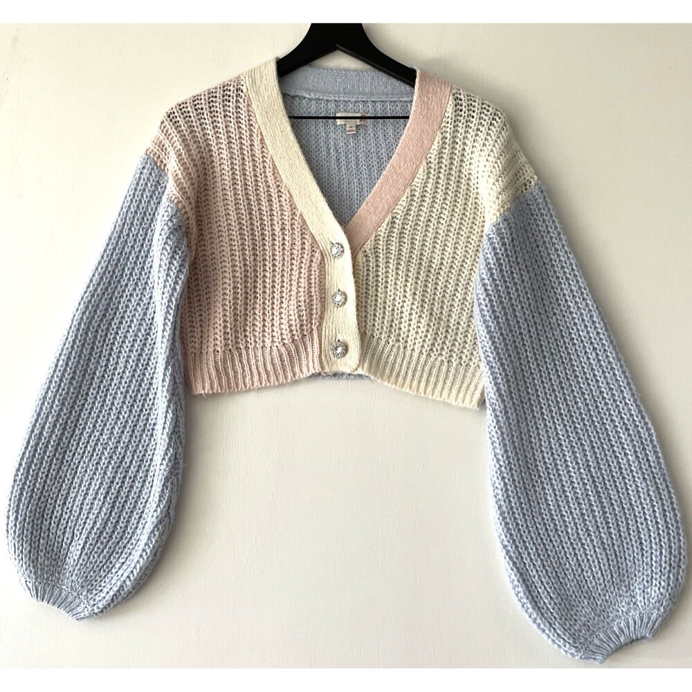 SO Pastel Color Block Cropped Cardigan Size S Rhinestone Clueless 90s Y2K